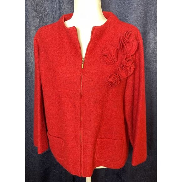 Ruby Rd. Red Wool Zip Up Cardigan Jacket Blazer L Large Woman’s Floral Pockets - Picture 1 of 7